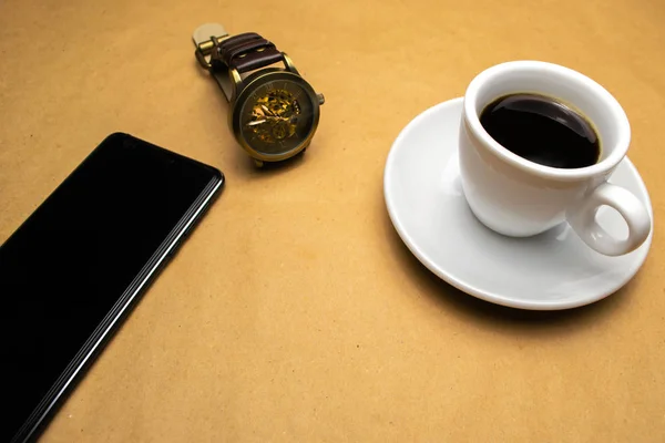 White Cup Coffee Mobile Phone Watch Beige Background — Stock Photo, Image