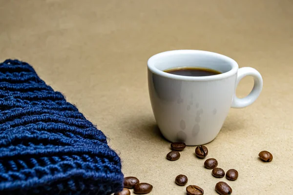 White Cup Coffee Coffee Beans Beige Background Blue Knitted Texture — Stok fotoğraf