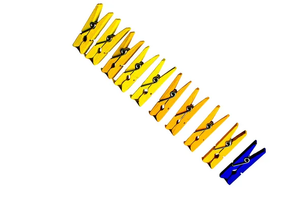 Yellow One Blue Clothespins Standing Isolated White Background — Stock fotografie