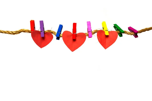 Red Paper Hearts Colorful Clothespins White Background — Stock Photo, Image