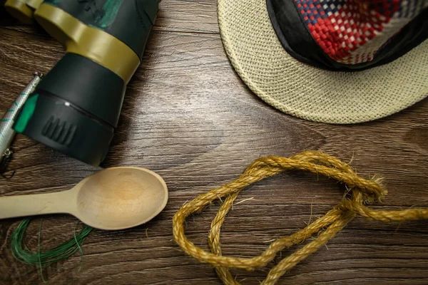 Cappello Binocolo Cucchiaio Legno Lenza Pesca Fondo Legno — Foto Stock