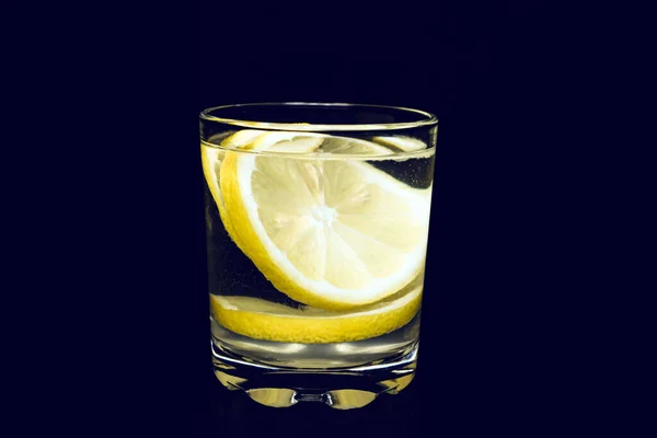 Glass Water Slices Lemon Black Background Branch Ate Sugar Cubes — Stock Photo, Image