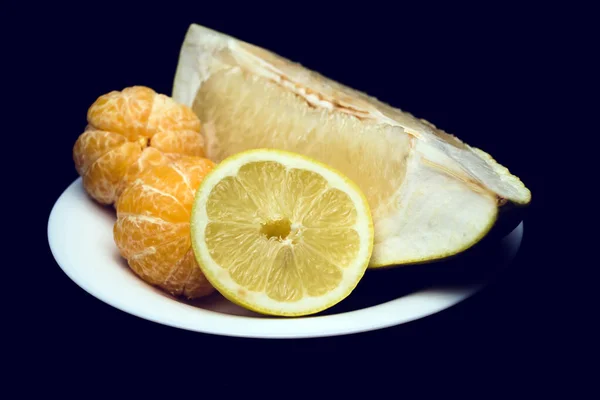 Sliced Fruit Plate Black Background — Stock Photo, Image