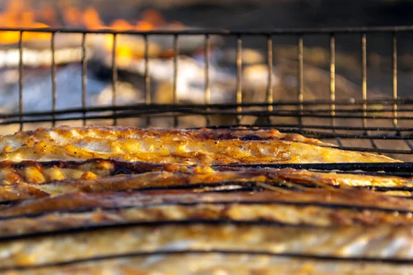 Pescado Caballa Horno Fuego Malla Parrilla —  Fotos de Stock