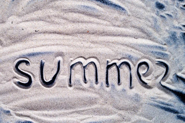Verão Inscrição Areia Mar Closeup — Fotografia de Stock