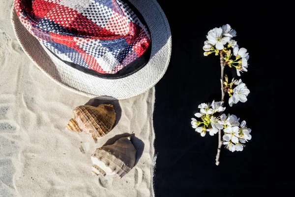 Черном Фоне Морской Песок Шляпа Цветущая Веточка — стоковое фото