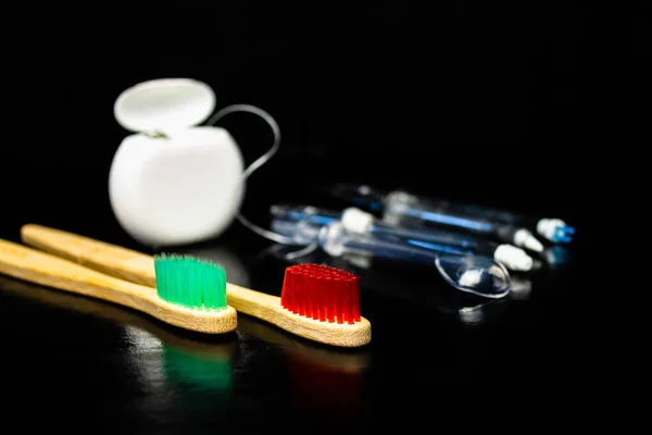 Dental Oral Care Products Hygiene Teeth Oral Cavity Black Background — Stock Photo, Image
