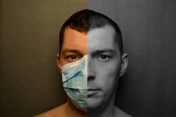 Лицо Человека Покрыто Медицинской Маской Серым Фоном — стоковое фото
