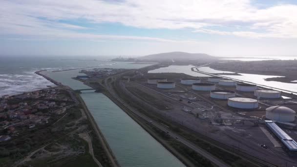 Aerial Back Traveling Coastal Canal Frontignan Gaz Oil Storage Mediterranean — 비디오