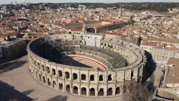 Aerial Back Traveling Arena Nmes Roman Amphitheatre Sunny Day Winter — Stock Video
