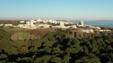 aerial drone shot going up from pine tree forest discovering the city la grande motte sunset time