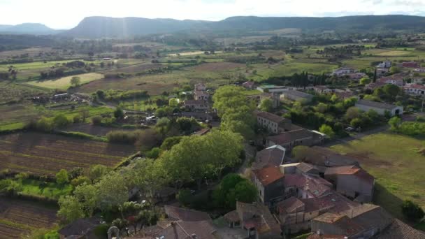 日没の美しい木々や古い家のブドウ畑の間に村のキャンペーンを旅する空中ドローンフランス — ストック動画