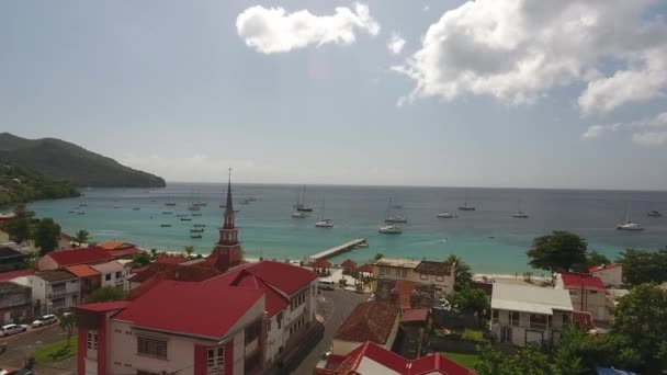 Aerial Drone Shot Church Pontoon Clear Water Boats Beautiful Tropical — 비디오