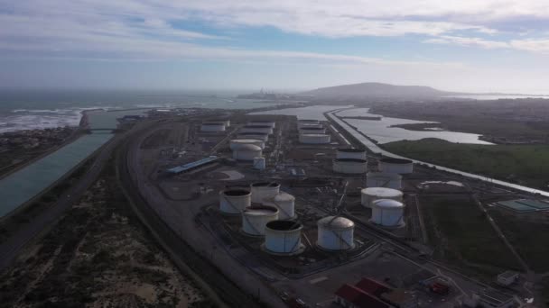 Aerial Drone View Oil Gaz Storage Sete Background Coastal Canal — 비디오