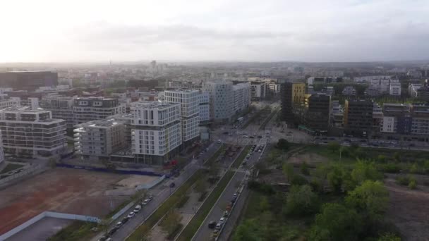 Luftaufnahme Fliegen Richtung Port Marianne Nachbarschaft Sonnenuntergang Zeit Wohngebäude Montpellier — Stockvideo