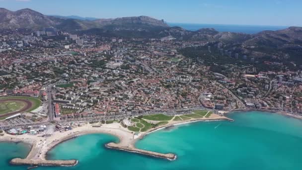 Aerial Marseille South Districts Sunny Day Prado Beach Calanques National — Stockvideo