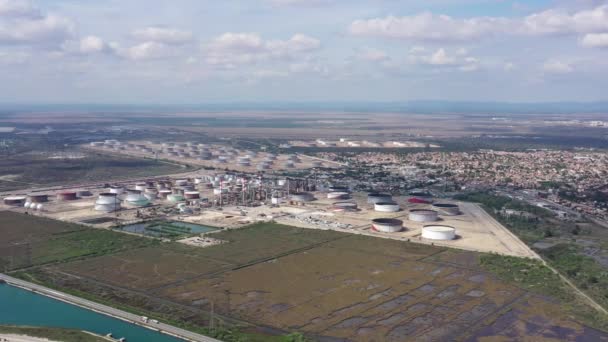 Aerial Shot Petrol Oil Gas Storage Tanks Mediterranean Shore France — Stock Video