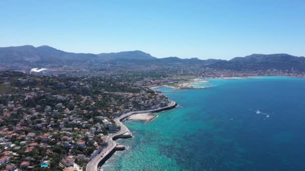 Aeriel Drone View Marseille Coastline Prophte Beach Velodrome Stadium Calanques — 비디오