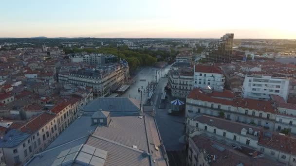 Prachtige Zonsopgang Boven Montpellier Place Comedie Drone View — Stockvideo