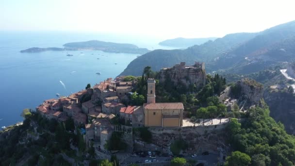 Chapelle Sainte Croix Eze Ortaçağ Hava Panoramik Çekim Akdeniz Fransız — Stok video