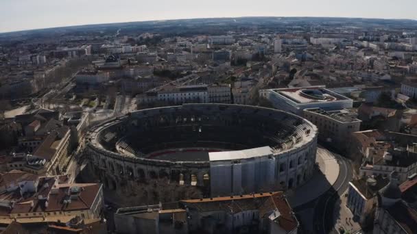 Kreisförmige Luftaufnahme Die Römische Amphitheater Arena Des Nmes Elliptischen Gebäudes — Stockvideo