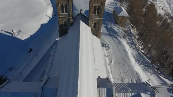 Close Flight Snowy Church Sanctuary Drone Shot France — 图库视频影像