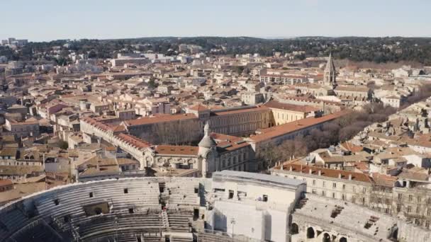 Close Global Aerial View Arena Nmes Roman Amphitheatre Sunny Day — Stok video