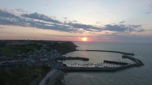 Drone View Port Bessin Huppain Sunset North France Medium Altitude — Stock Video