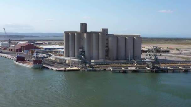 Giant Grain Silos Storage Port Nouvelle Aerial Drone Shot Industrial — Stock Video