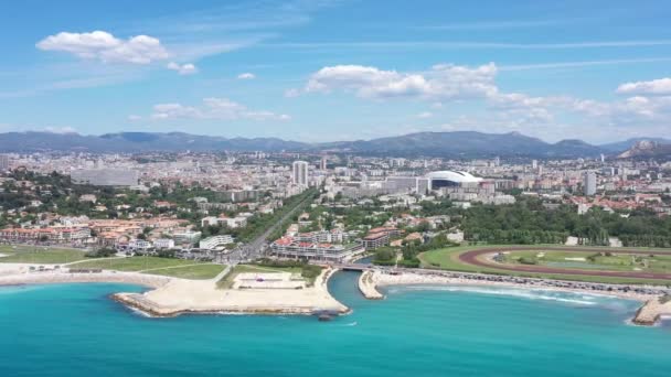 Marseille Déli Kerület Velodrome Stadion Tengerparti Mediterrán Város Légi Lövés — Stock videók