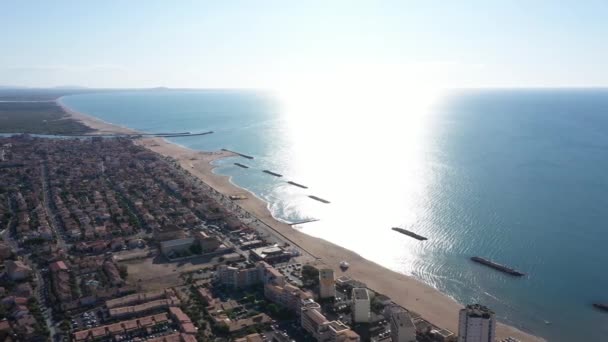 Средиземное Побережье Средиземного Моря Valras Plage Serignan Воздушный Вид Солнечный — стоковое видео