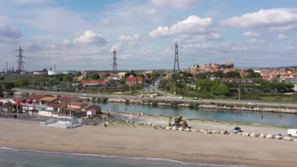 Mediterranean Sea Shore Aerial View Fos Sur Mer City Sunny — Stock Video