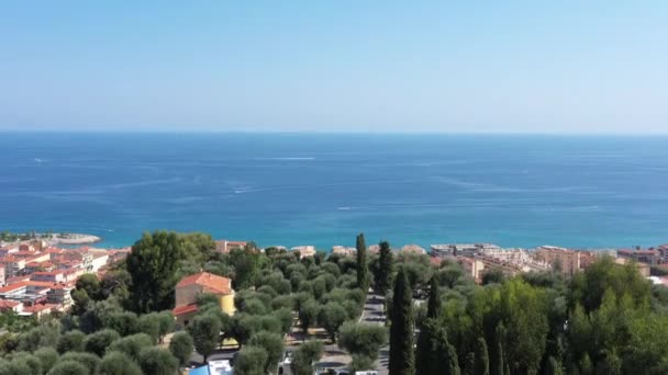 Menton Perla Francia Vista Aérea Desde Una Colina Con Árboles — Vídeos de Stock