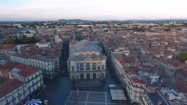 Montpellier Ecusson Place Comedie Drone Sunrise Anerial View — Stock video