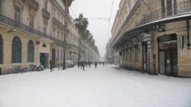 Montpellier Rue de la Republique 'de karla kaplı palmiye ağaçları olan cadde Fransa kışı