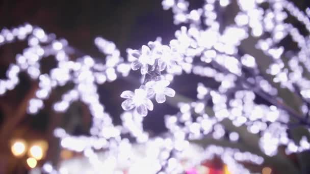Φωτεινά Φώτα Ένα Ψεύτικο Δέντρο Χριστουγεννιάτικη Διακόσμηση Montpellier Αγορά Γαλλία — Αρχείο Βίντεο