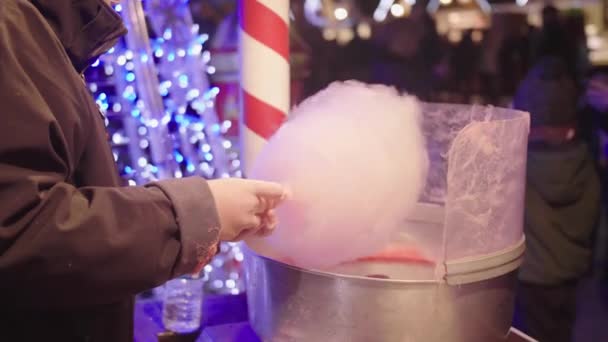 Woman Making Pink Candy Floss Slow Motion Christmas Market Montpellier — Stock Video