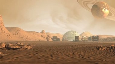colony on a mars like red planet with astronaut pods dome structure and a saturn like moon with rings in a dusty sky for sci fi animated backgrounds