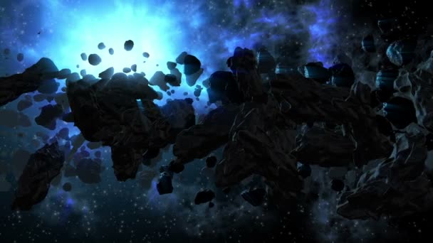 Asteroid Field Spinning Blue Star Glow Dying Planet Animated Space — Stockvideo