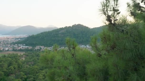 Buildings Valley Scenic Harbor Beautiful Mountains Aerial View Village Houses — 비디오