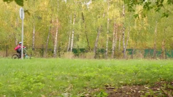 Junge Radfahrer Auf Fahrrad Herbst Park Dolly Erschossen Teenager Junge — Stockvideo