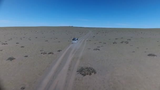 Çöl Moğolistan Daki Bir Minibüsü Takip Eden Hava Aracı Görüntüsü — Stok video