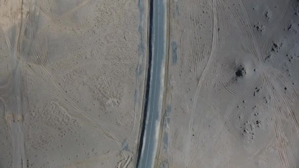 Aerial Drone Shot Deserted Road Car Crossing Top View Mongolia ストック動画