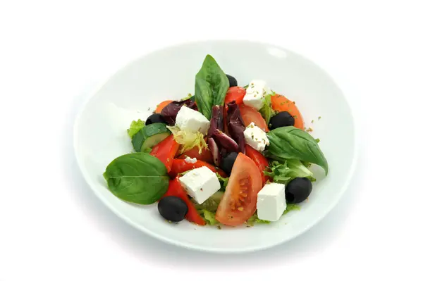 Salada Vegetal Grega Fresca Prato Branco — Fotografia de Stock