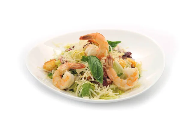 Gesunder Salat Mit Garnelen Mit Mischgemüse Auf Weißem Teller Diätkonzept — Stockfoto