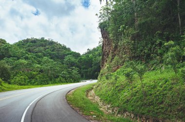 yol geçiş orman ve tepeler ile bulutlu gökyüzü arka plan üzerinde  