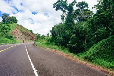 yol geçiş orman ve tepeler ile bulutlu gökyüzü arka plan üzerinde  