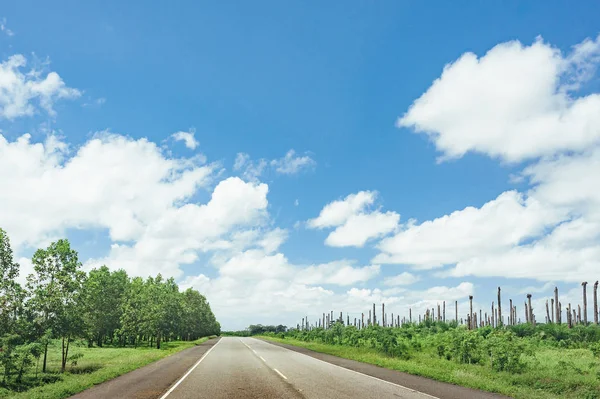 Road Crossing Forest Hills Cloudy Sky Background — Stock Photo, Image