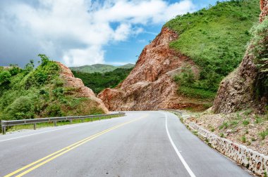 Bulutlu gökyüzü ve dağ manzaralı ormanı geçerken yol.