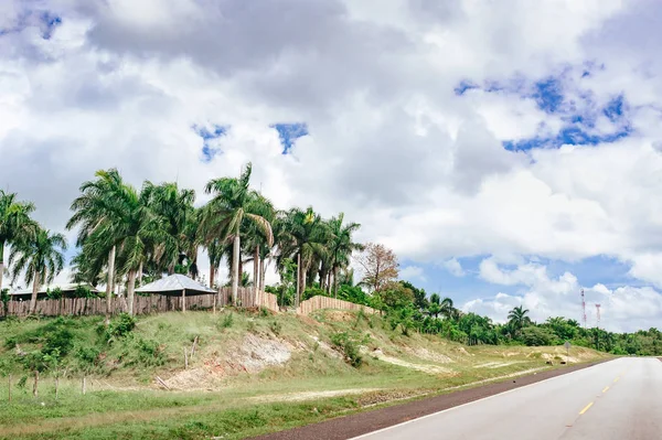 Road Crossing Forest Cloudy Sky Mountain View — Stock Photo, Image